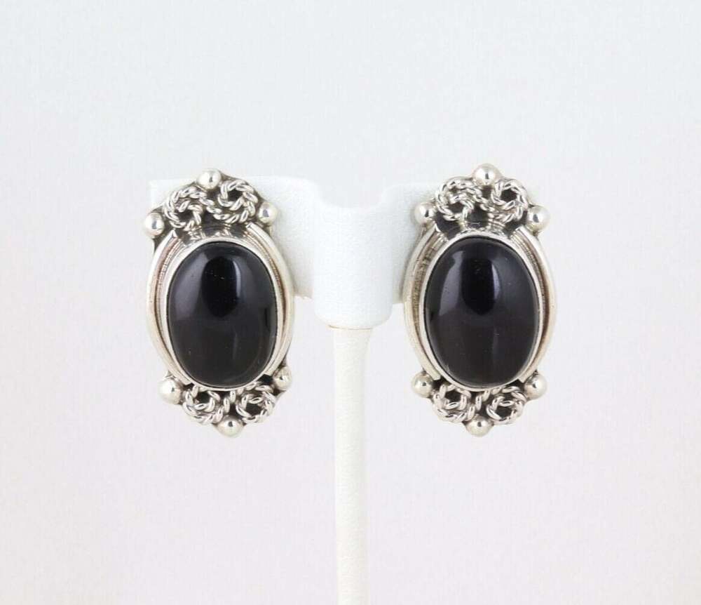Large Sterling Silver Onyx Stud Post Earrings Statement Earrings Taxco Mexico